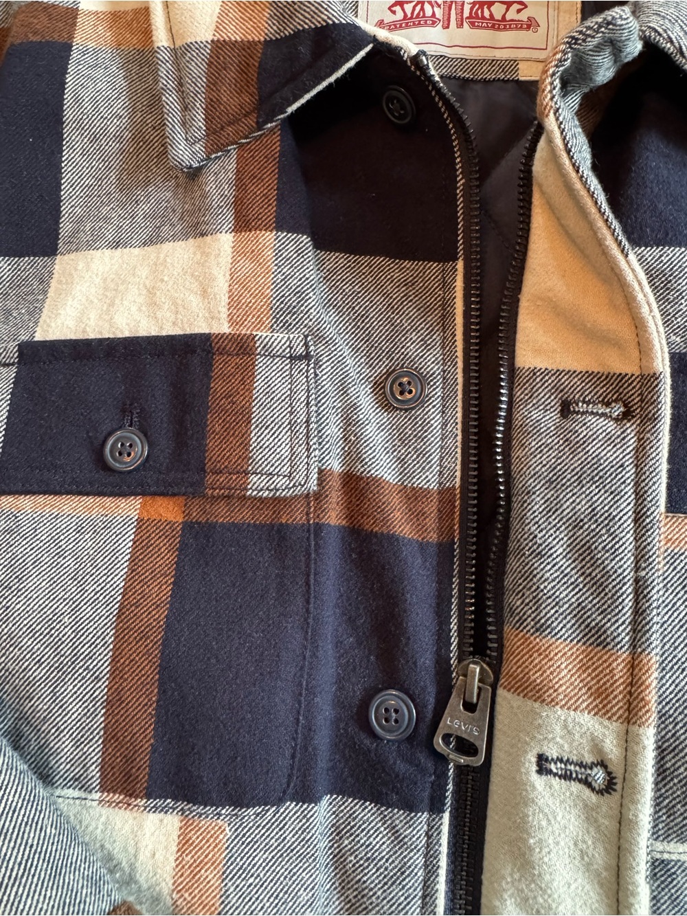Levi's Navy, Cream, & Orange Plaid Flannel Shirt Jacket - Picture 2 of 5